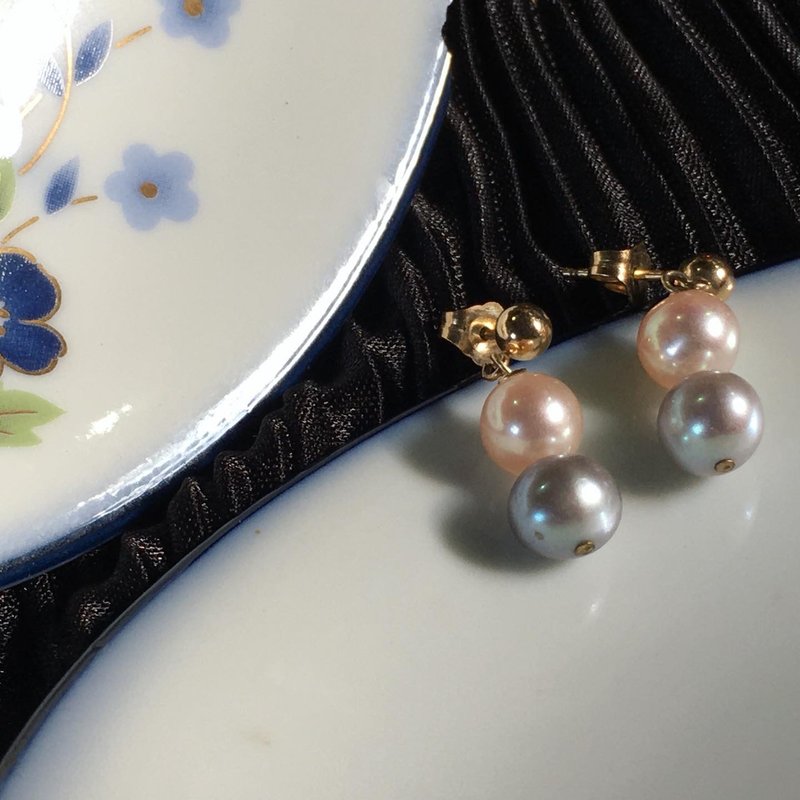 【Lost and find】Silver Pink Double Bead Pearl Fishing Earrings - ต่างหู - เครื่องเพชรพลอย สึชมพู