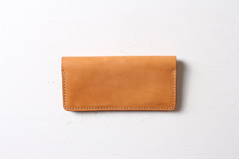 Minimalist tea leather long clip leather wallet [free custom lettering 1-7 characters] - กระเป๋าสตางค์ - หนังแท้ 