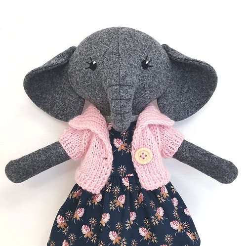 TweedyLand Gray elephant girl, handmade stuffed doll, wool plush elephant toy