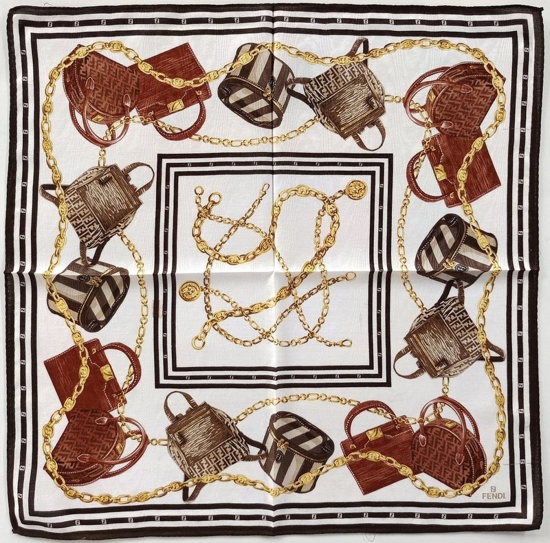 Fendi Vintage Scarf with Iconic Bag Motif and Chain Design 20 x 19.5 inches - 手帕 - 棉．麻 白色