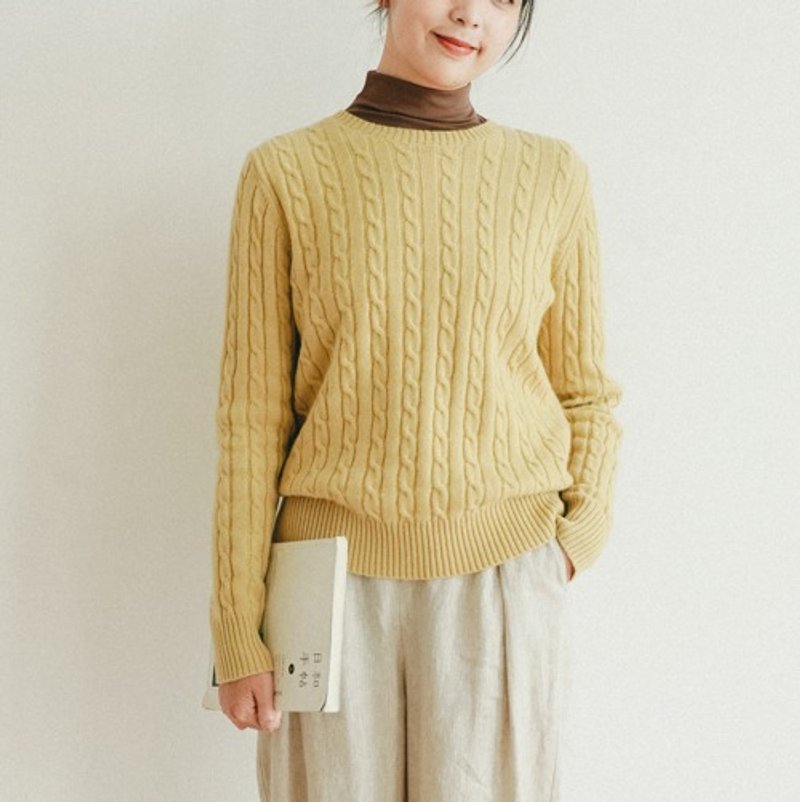 Somehow stylish cable knit 100% wool yellow 231103-2 - Women's Tops - Wool 