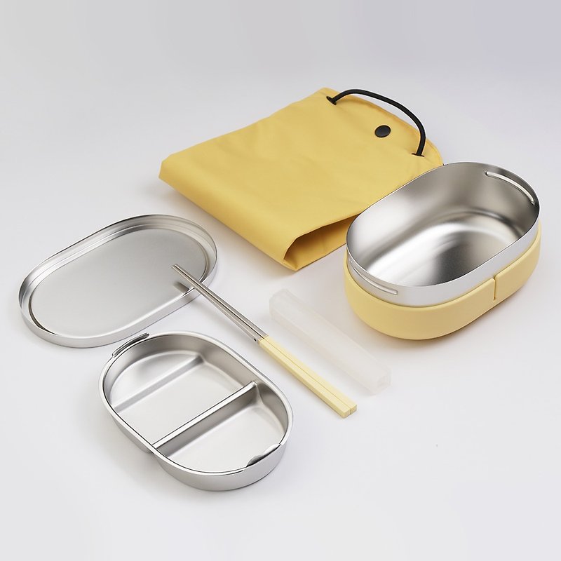 BaoQuai+Bendong 便當盒+隔熱蛋殼+承食包+隨身筷 組合 - 便當盒/食物袋 - 不鏽鋼 黃色