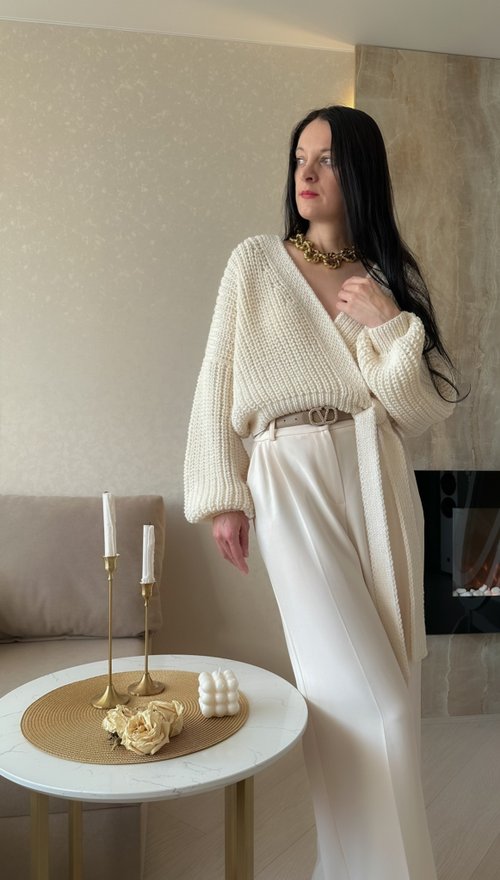 Scarlet Sails Shop Wrap cropped cardigan for women Cream white bridal hand knit jacket Wool sweate