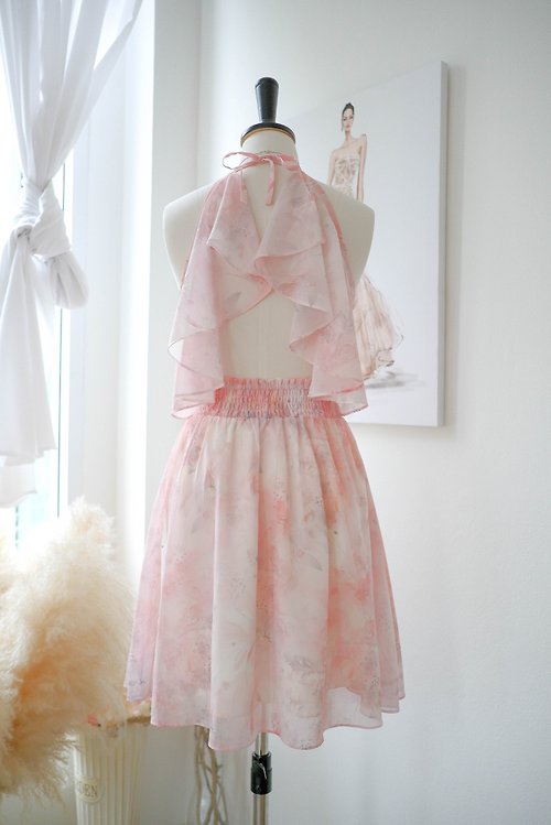 KEERATIKA Pink floral backless bridesmaid dress Short summer sundress halter dress