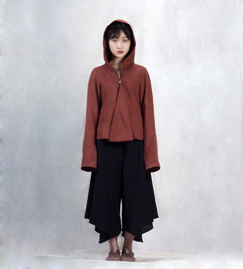 [Xiao Yu's Son] Cotton and Linen jacket with hood collar and single button - Women's Tops - Cotton & Hemp Red
