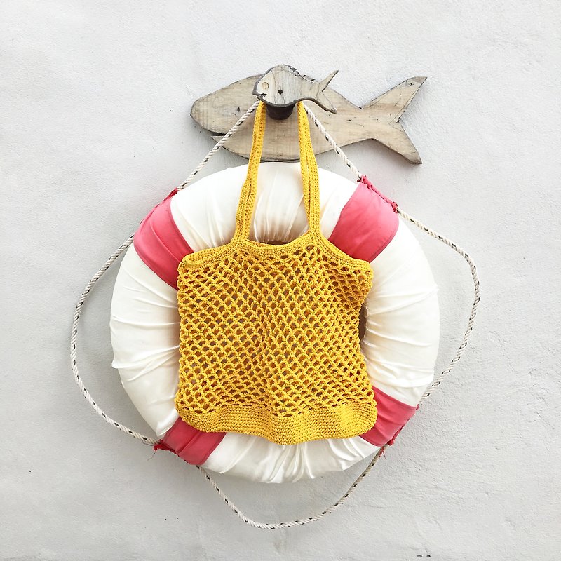 Yellow Natalia Crochet Bag - กระเป๋าถือ - ผ้าฝ้าย/ผ้าลินิน สีเหลือง