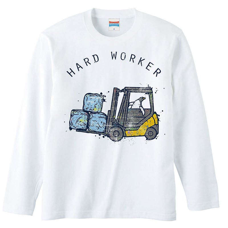 Long sleeve T shirt / Hard worker - เสื้อยืดผู้ชาย - ผ้าฝ้าย/ผ้าลินิน ขาว