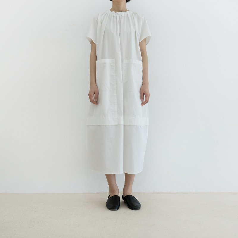 White pleated collar, three-dimensional tailoring, large pockets, long dress, one-piece dress, summer - One Piece Dresses - Cotton & Hemp White
