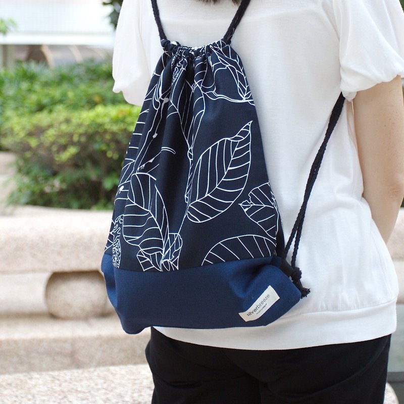 Drawstring Backpack/Drawling Bag/Drawling Pocket ~ Leaves (B48) - Drawstring Bags - Cotton & Hemp Blue