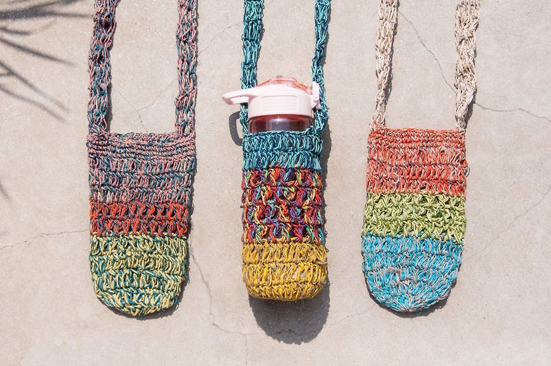 Hand Linen rope bottle holder / bottle line Linen hand bag / bags thermos / beverage bag - cotton, Linen rainbow stripes - ถุงใส่กระติกนำ้ - ผ้าฝ้าย/ผ้าลินิน หลากหลายสี