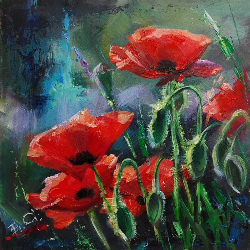 Original Acrylic Painting Flowers Poppies Impressionism Hand Painted 15x15 cm - Wall Décor - Other Materials Multicolor