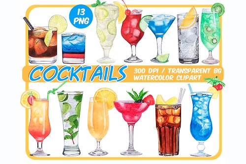 ArtfulStudio Watercolor tropical Cocktails clipart - Alcoholic Drinks clipart