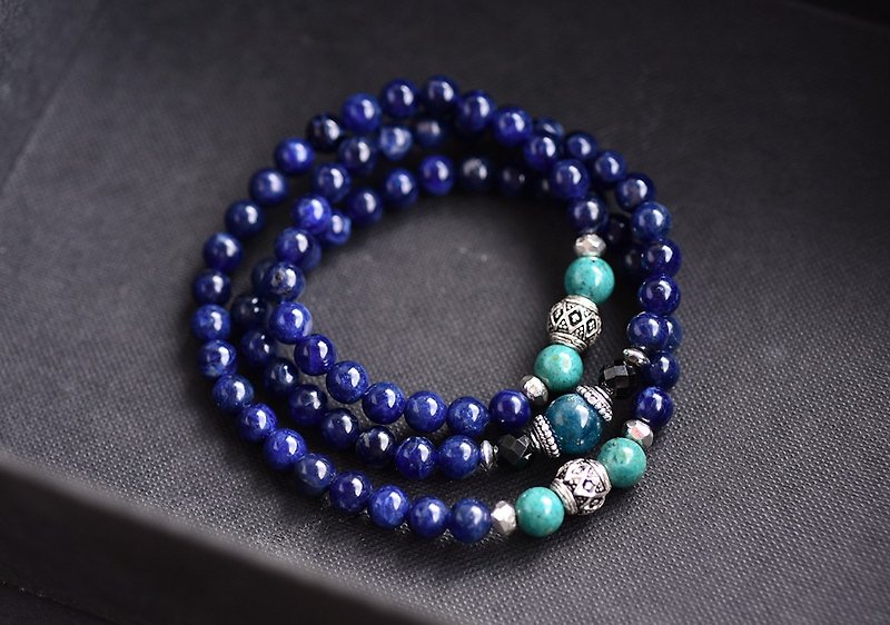 Dark blue sodalite + apatite + 矽 malachite three ring bracelet - Bracelets - Crystal Blue