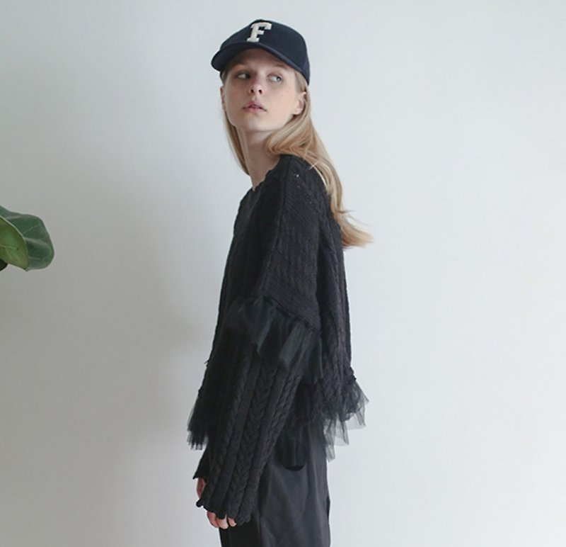 Net yarn edge black sweater - imakokoni - Women's Sweaters - Cotton & Hemp Black
