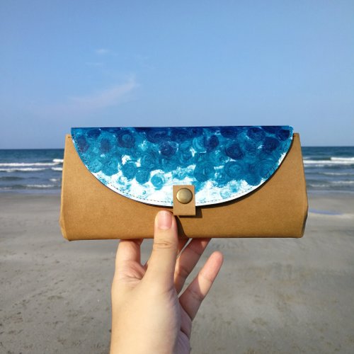 叉米 Cha-mi's *海の色*之藍色浪花 手工彩繪 水洗牛皮紙 風琴錢包