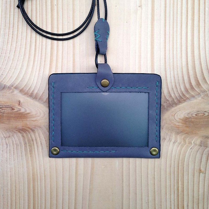 DUAL - Simple hand-stitched leather cross ID holder - blue-gray - ที่ใส่บัตรคล้องคอ - หนังแท้ สีน้ำเงิน