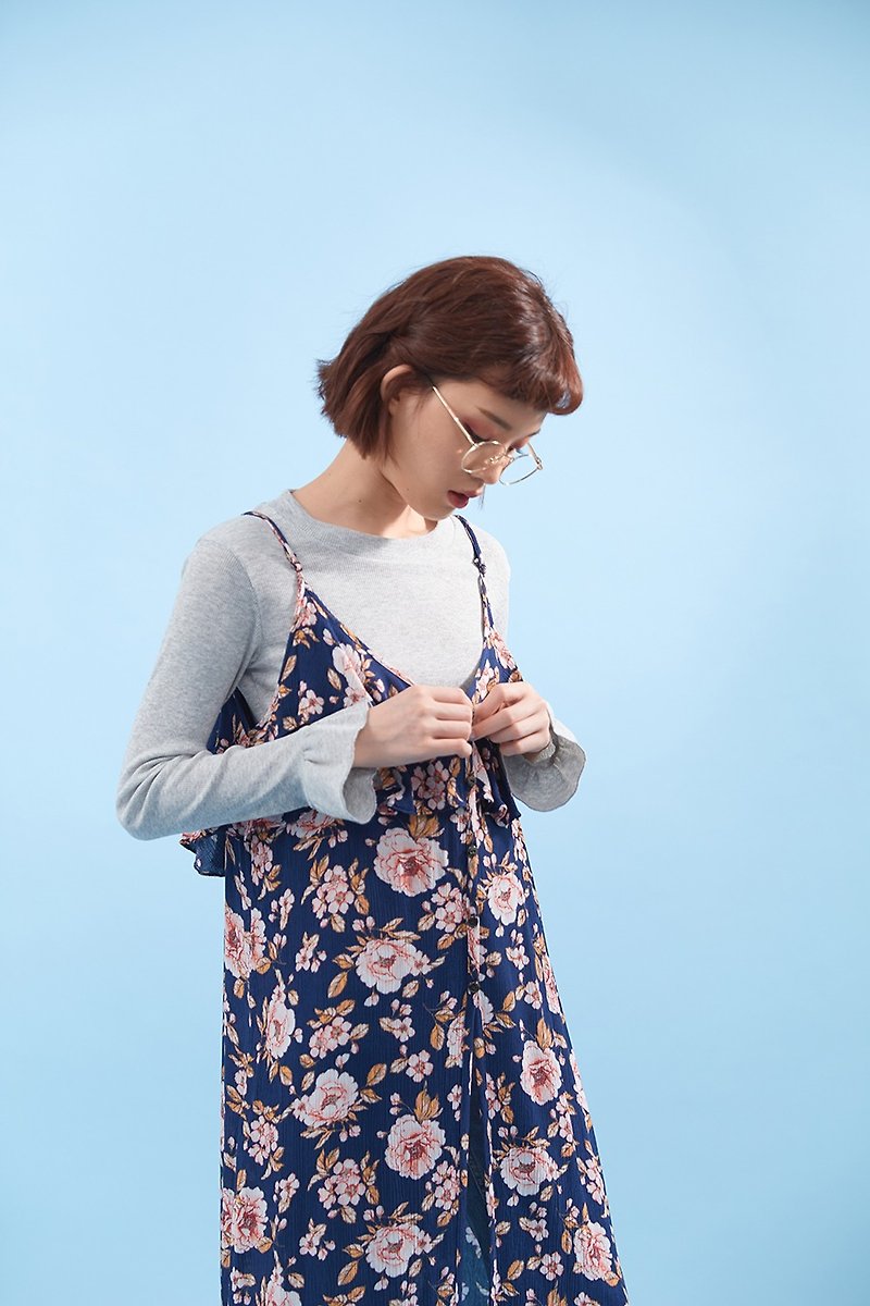 Floral maxi dress - 洋裝/連身裙 - 棉．麻 藍色