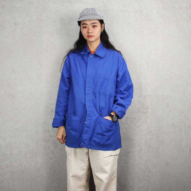 Tsubasa.Y Antique House 002 Blue Work Shirt, Workwear Shirt Top Jacket - เสื้อเชิ้ตผู้หญิง - ผ้าฝ้าย/ผ้าลินิน สีน้ำเงิน