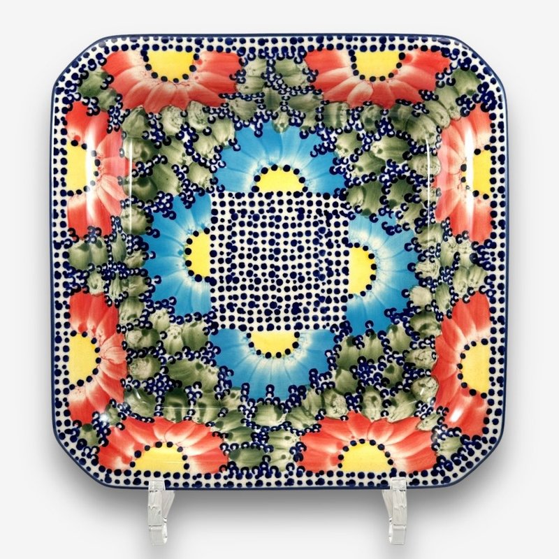 Polish hand-painted handmade pottery - square plate 20cm orange and blue large flower series designer model - Plates & Trays - Pottery Multicolor