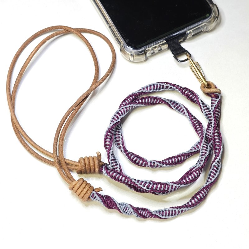 Eggplant purple with gray mobile rope, adjustable neck/rope dual-use-1 - เชือก/สายคล้อง - หนังแท้ สีเทา