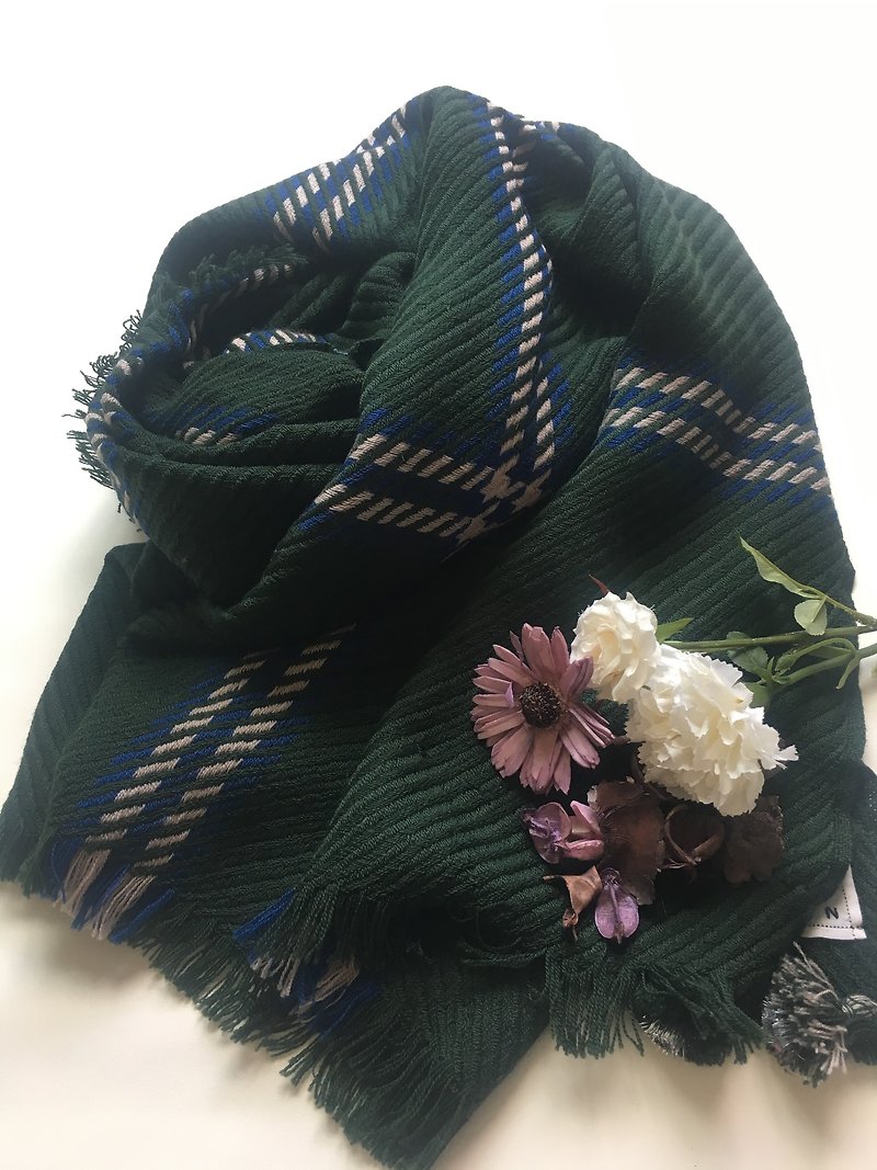 ビックチェック　手織りショール - 絲巾 - 其他材質 綠色
