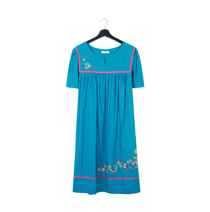Back to Green :: sky blue sailor collar embroidery vintage dress (OPD-19) - One Piece Dresses - Cotton & Hemp Blue