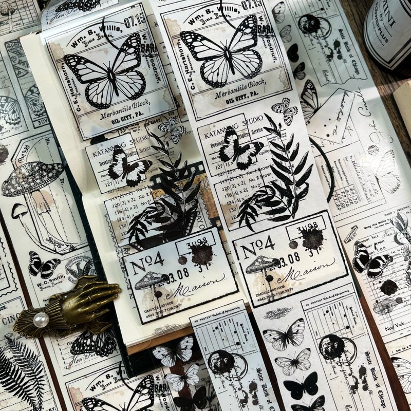 Letter and Butterfly Vintage Black and White Butterfly Mushroom Set PET Washi Tape - มาสกิ้งเทป - วัสดุอื่นๆ สีดำ