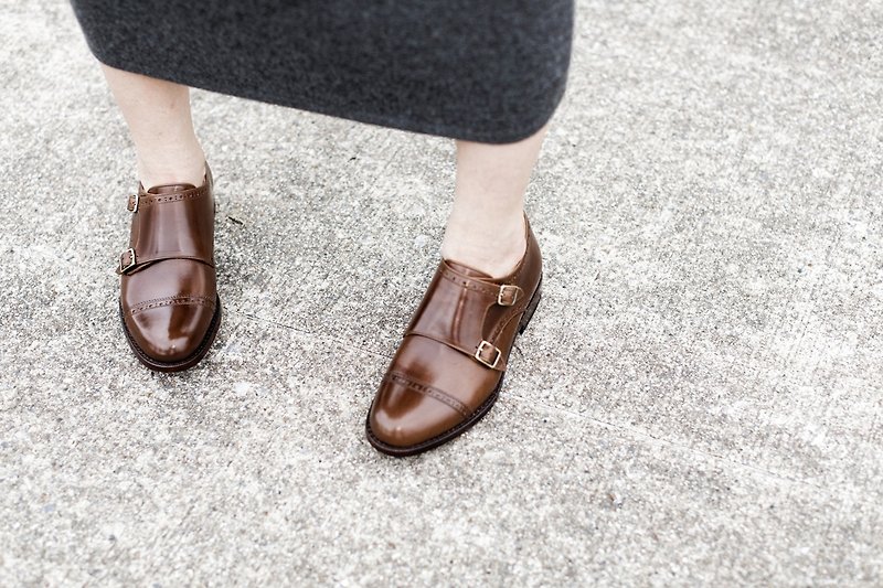 Double Strap Crossed Zigzag Double Buckle Monk Shoes Cocoa - Women's Leather Shoes - Genuine Leather Brown