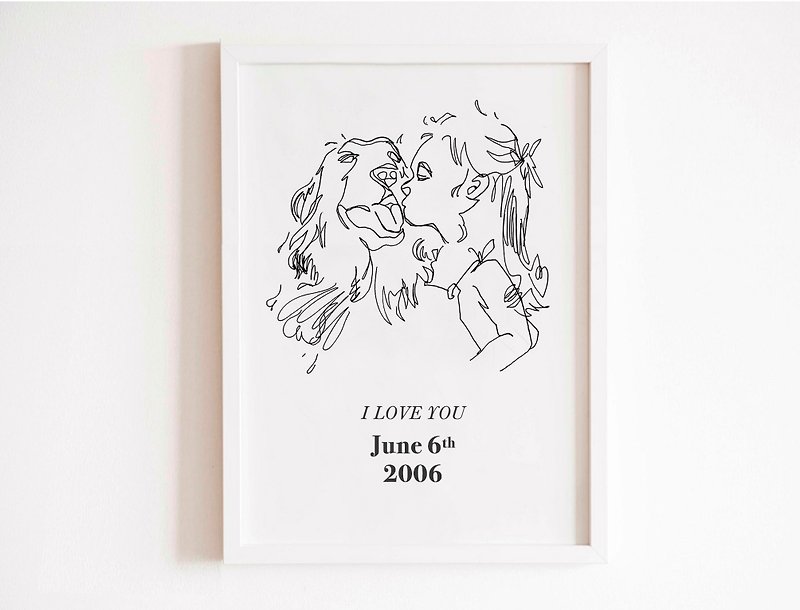 Fashion line drawing 2 people with lettering custom portrait pet painting commemorative gift - Customized Portraits - Paper White
