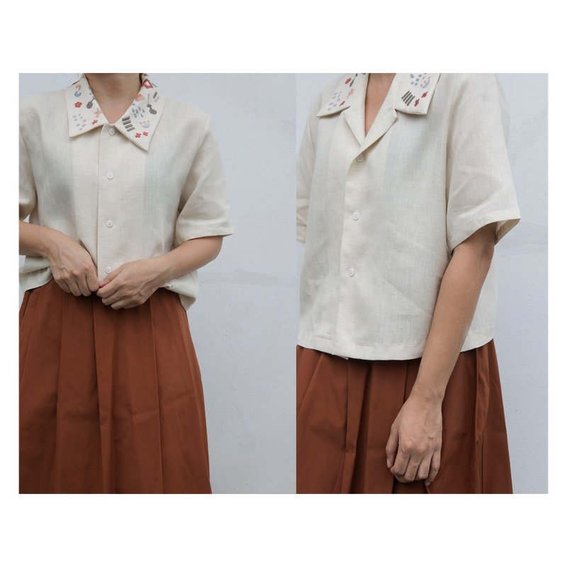 Embroidery | Linen | Crop shirt natural cream color - Women's Shirts - Cotton & Hemp Khaki