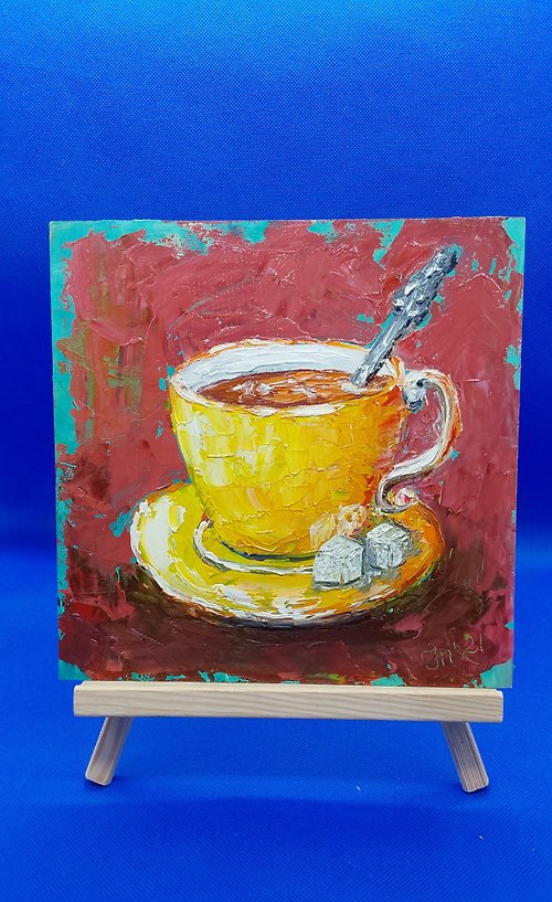 CosinessArt Still life with a yellow cup of tea. Painting for the kitchen. Original work