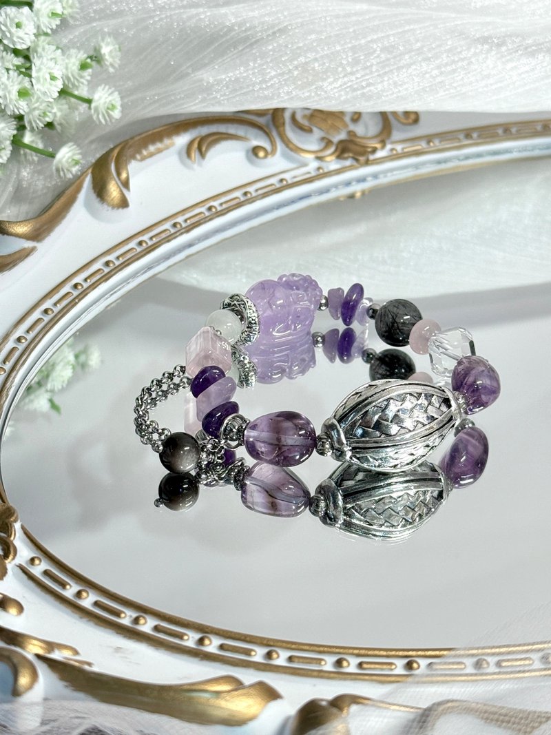 Purple Cloud Flower Magic Shimmer Forest Crystal Bracelet - Rose Quartz/Amethyst Pixiu/Moonstone/Black Hair Quartz - Bracelets - Crystal Purple