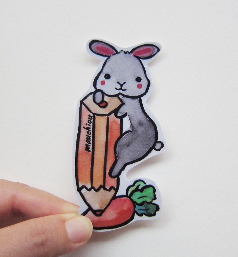 Hand-painted illustration style completely waterproof sticker gray rabbit said I want to draw a carrot for you - สติกเกอร์ - วัสดุกันนำ้ สีเทา