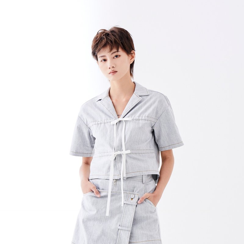 綁帶牛仔短上衣 - 女上衣/長袖上衣 - 棉．麻 灰色