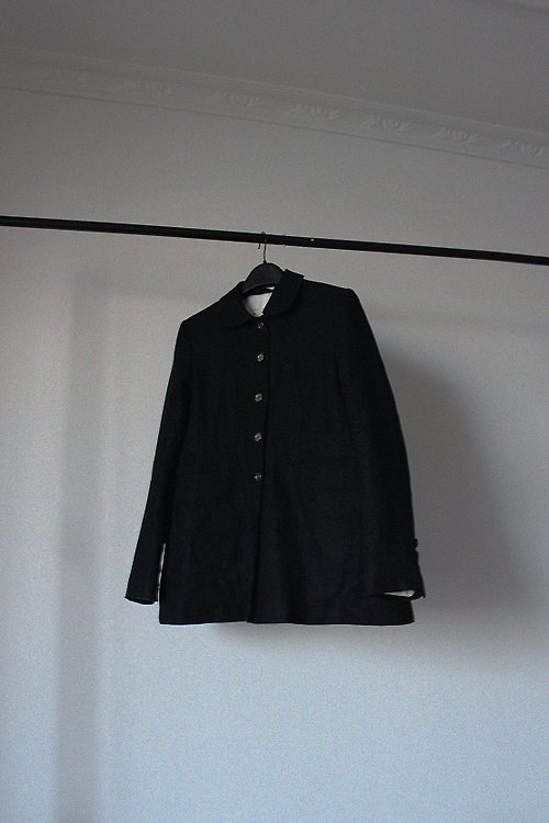 MEOW 客製 法國亞麻 彼得潘領 單排扣寬鬆西裝外套 黑色