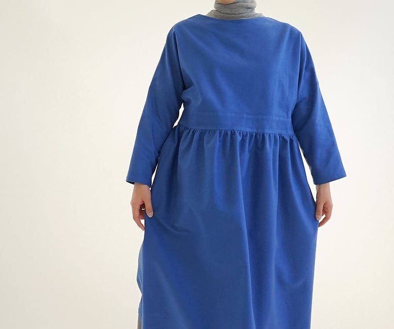 スムースコットン ドルマンスリーブの二重ベルト ワンピース/パイロットブルー a55-12 - 連身裙 - 棉．麻 藍色