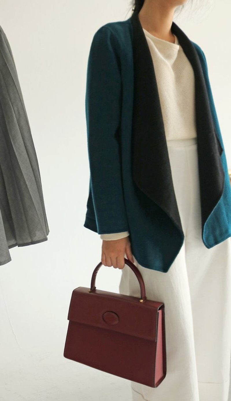 樣品出清-Yves Coat 拚色孔雀藍+黑色翻領喀什米爾羊毛短大衣 - 外套/大衣 - 羊毛 綠色