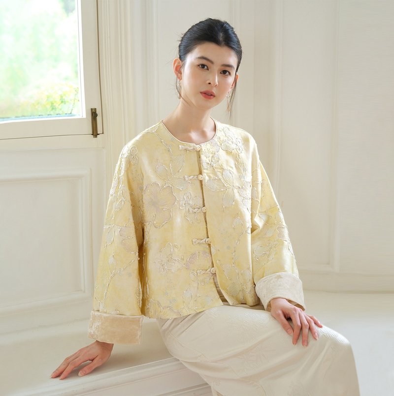 【氣質繡花】新中式復古中國風 拼絨廓形短外套/半裙 - 女大衣/外套 - 其他材質 黃色