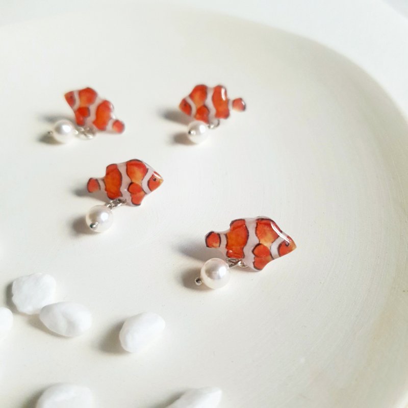 【動物們 No.005】小丑魚 珍珠耳環/耳夾 - 耳環/耳夾/耳骨夾 - 樹脂 橘色