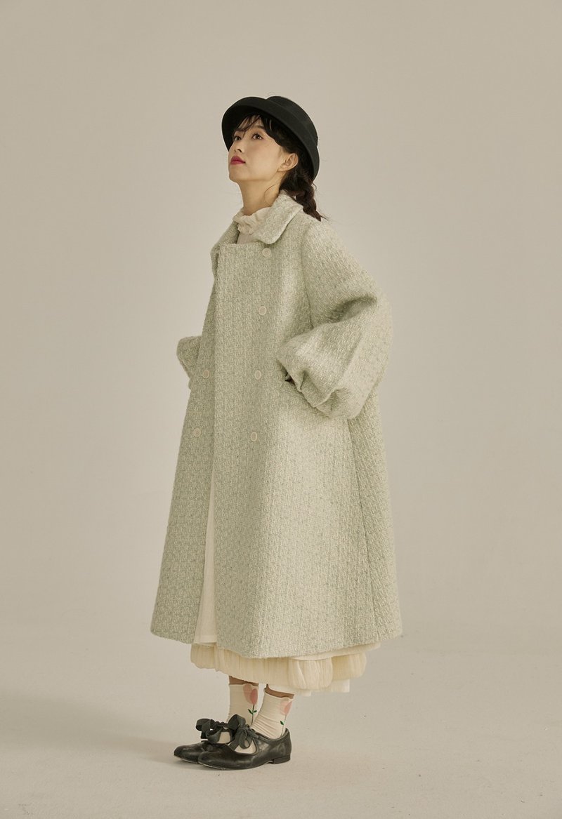 Green cherry double-breasted twill soft wool coat French sherpa velvet small fragrance coat - เสื้อสูท/เสื้อคลุมยาว - ขนแกะ สีเขียว