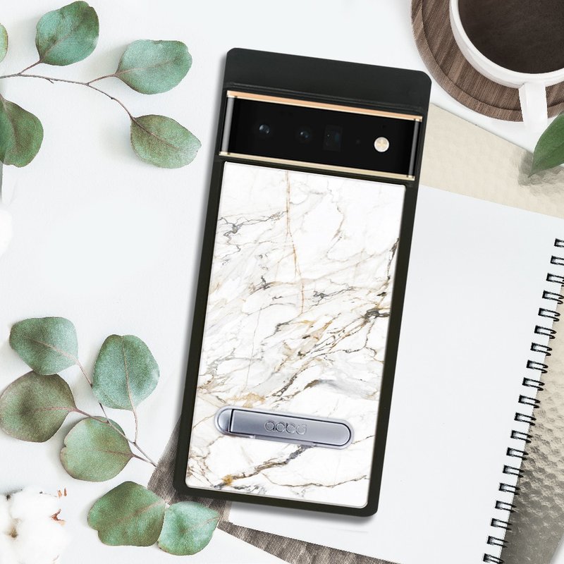 apbs Google Pixel 9/8/7/6系列 減震立架手機殼-大理石雪藏白 - 手機殼/手機套 - 其他材質 多色