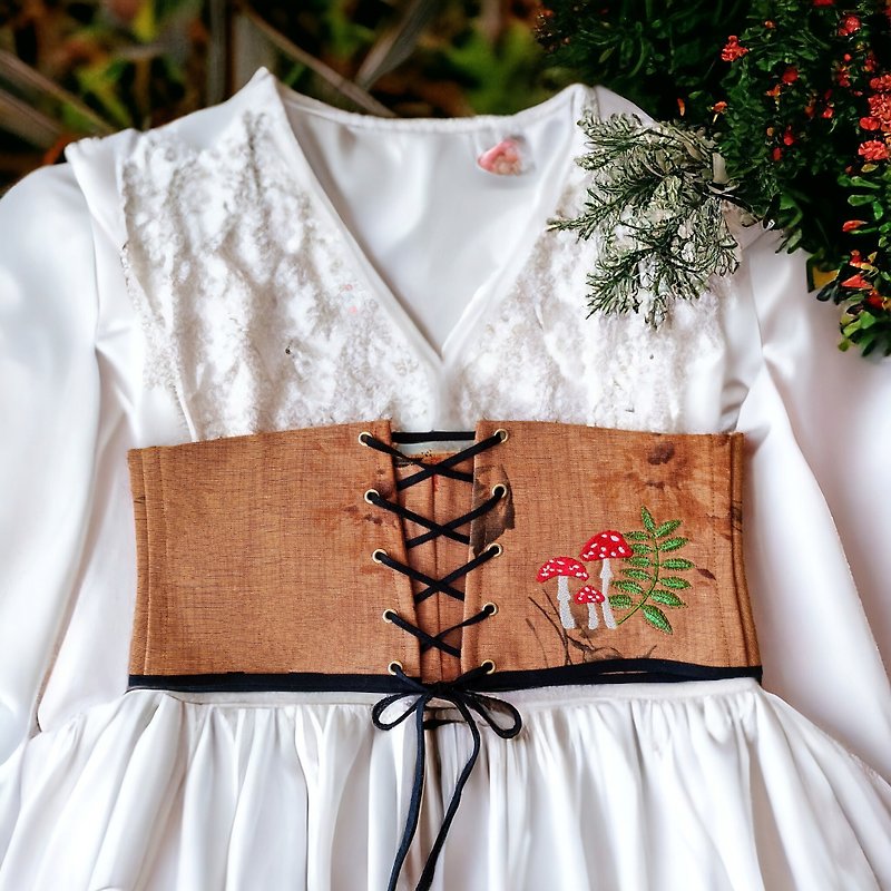 Lace up wide corset belt embroidered for dress, underbust corset custom size - 皮帶/腰帶 - 亞麻 卡其色