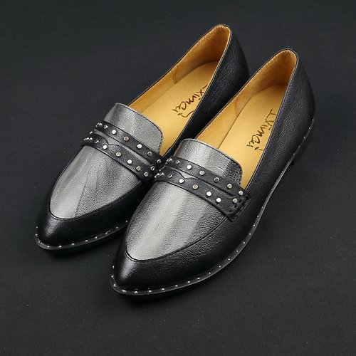 易利邁台灣手工鞋 印象派鉚釘樂福鞋-爵士黑