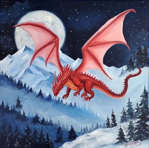 ArtByPolina Dragon Oil Painting Red Dragon Original Art Winter Wall Art