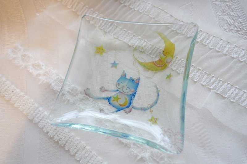 飾りガラス小皿 〜 猫のエミリー・月のリフト - 小碟/醬油碟 - 玻璃 