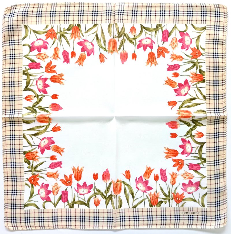 バーバリー ヴィンテージハンカチーフ フローラルチューリップ チェック柄縁取り 20 x 19.5インチ - ハンカチ - コットン・麻 レッド