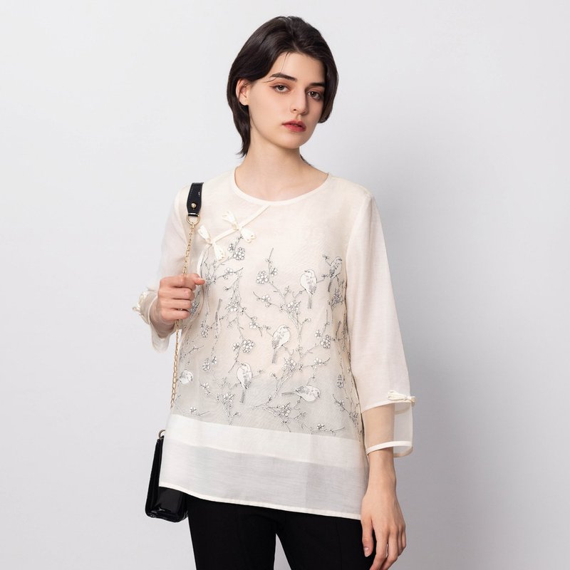 【MEDUSA】米白長版新中式歐根紗上衣(M-XL) | 女長版上衣 絲感 - 女上衣/長袖上衣 - 其他人造纖維 白色