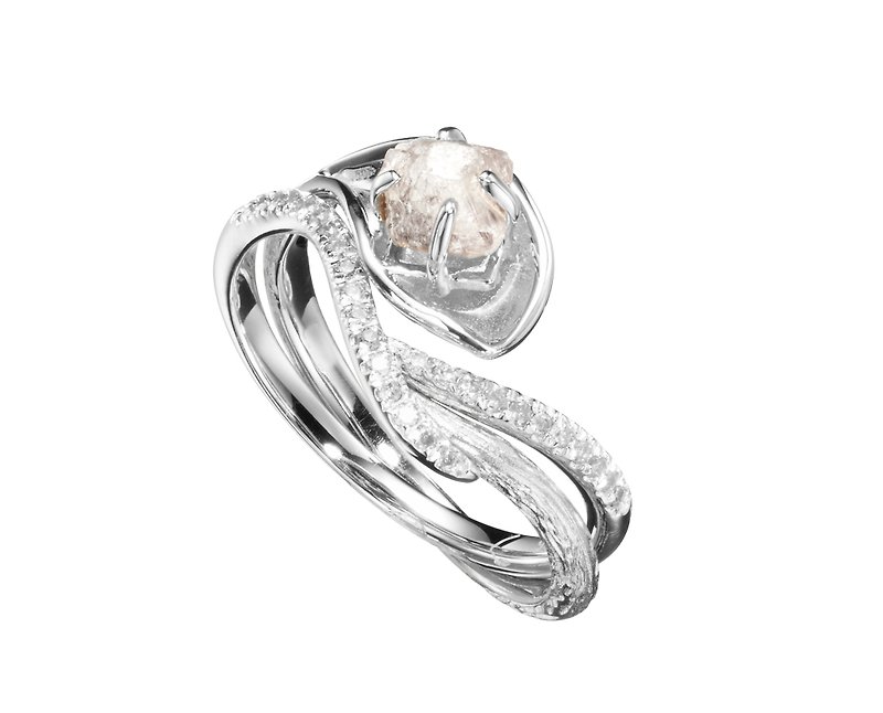 14k gold raw diamond ring + pave band alternative engagement & wedding ring set - Couples' Rings - Diamond Silver