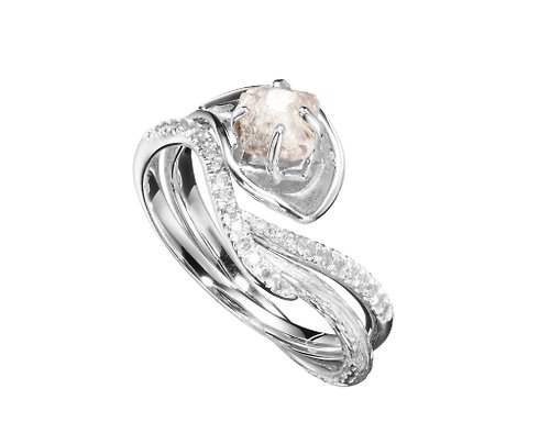 Majade Jewelry Design 14k白金鑽石鑽胚馬蹄蓮結婚戒指組合 海芋花原石密鑲求婚戒指套裝