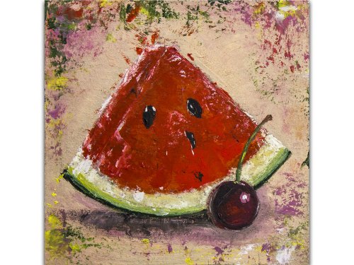 スイカ絵画キッチン静物オリジナルアートチェリー、フルーツ油絵